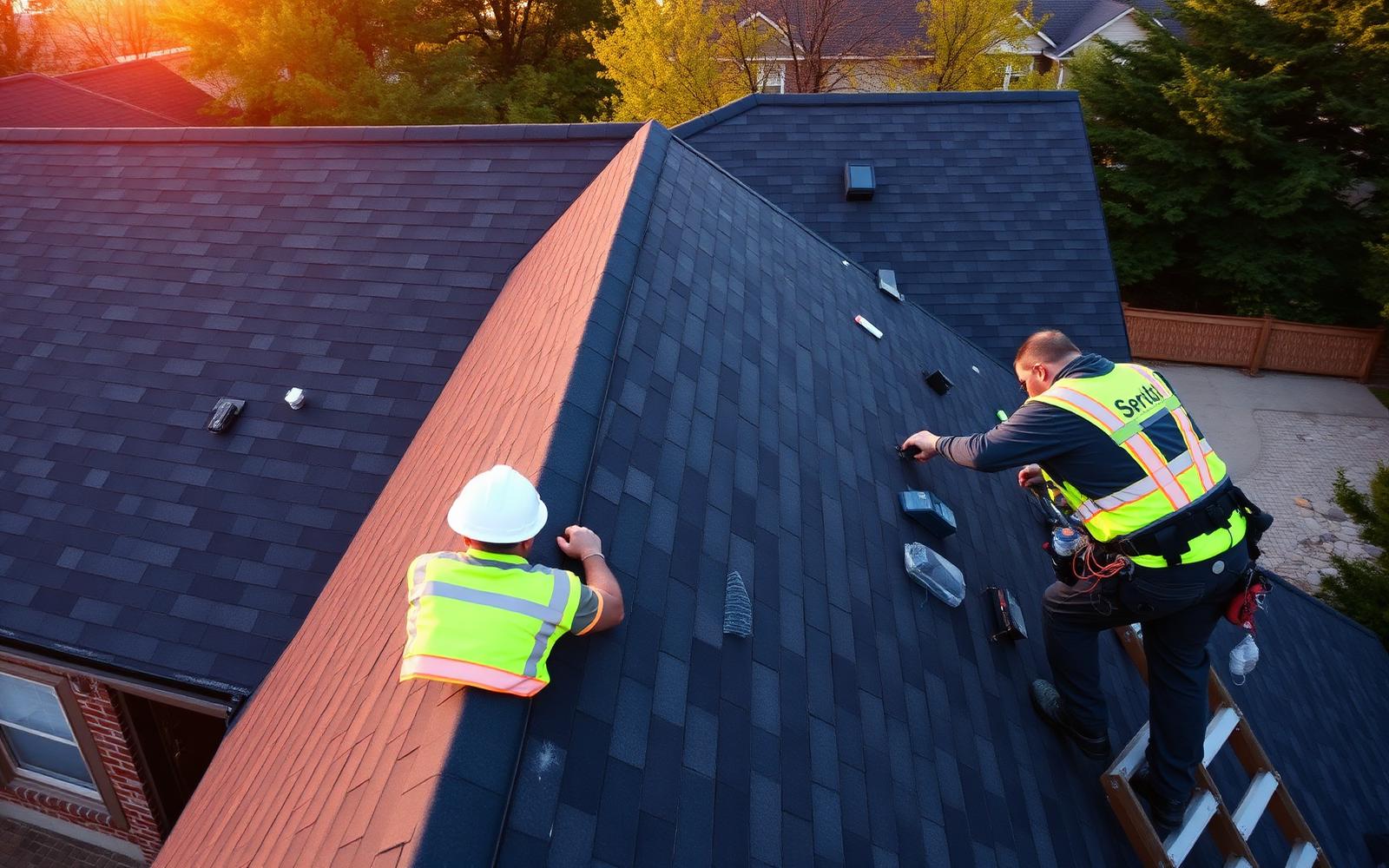 WJR Remodeling roofing crew installing new architectural shingles on a Chicago home